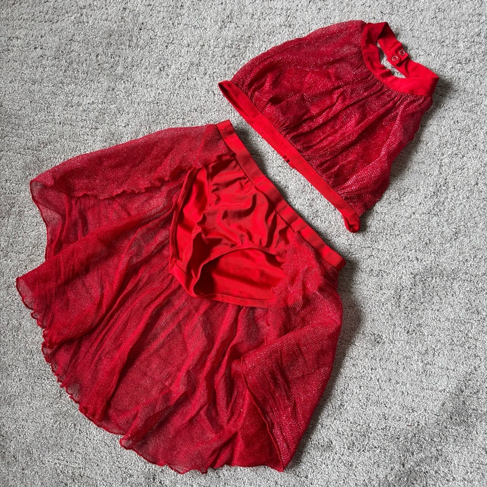 2/$20 Shimmering Red Dance High Neck, Illusion Neckline Skirt Set